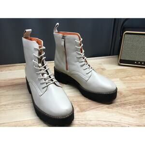 French Connection Women's 8.5 White Leather Side Zipper Lace-Up Combat Boots